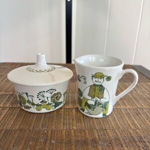 Vtg Figgjo Flint Norway Turi Design Market Green MCM Creamer & Sugar Set w/ Lid